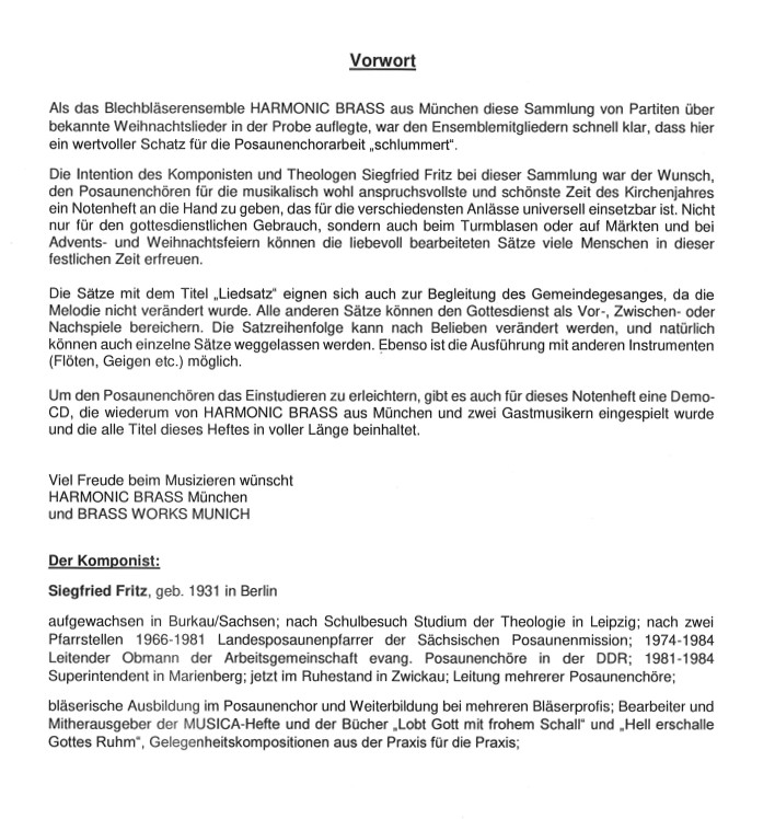 Fröhliche Weihnachten Bläserpartituren für Posaunenchor von Siegfried Fritz